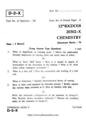 JKBOSE Class 12 Chemistry 20302-X Question Papers 2018