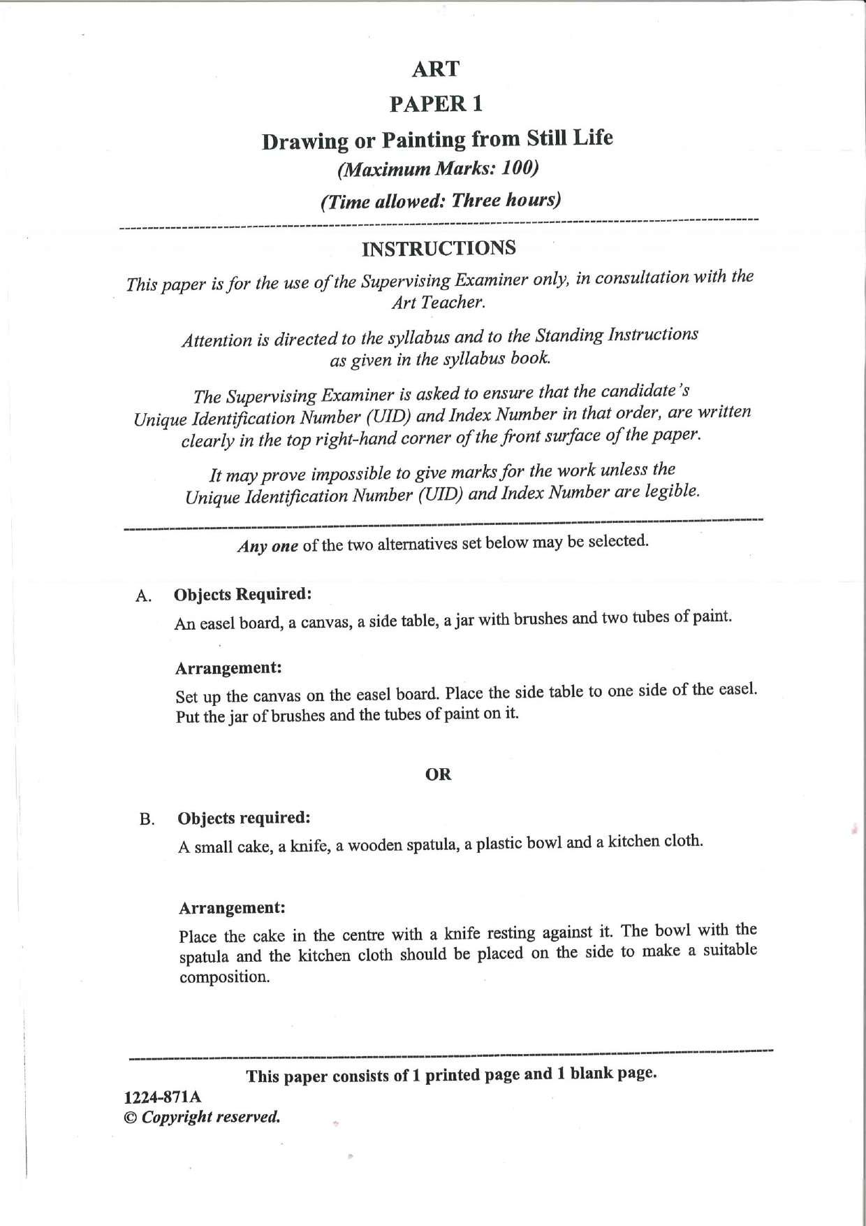 ISC Class 12 Arts Paper 1 (Drawing / Painting from still Life) 2024 Question Paper - Page 1