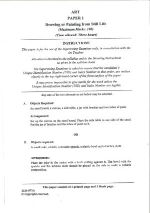 ISC Class 12 Arts Paper 1 (Drawing / Painting from still Life) 2024 Question Paper