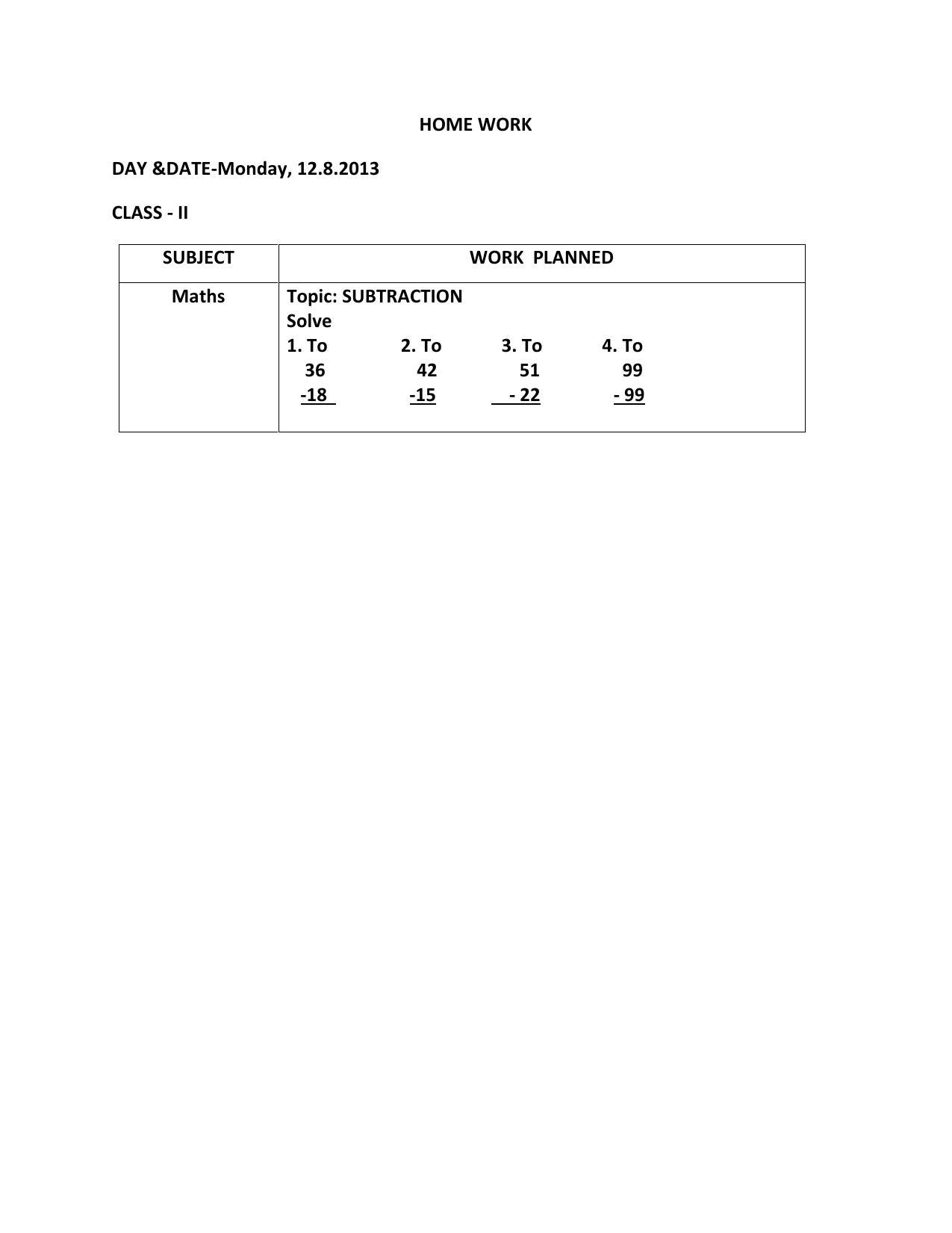 Worksheets for Class 2 Maths Assignment 89 Subraction - Page 1