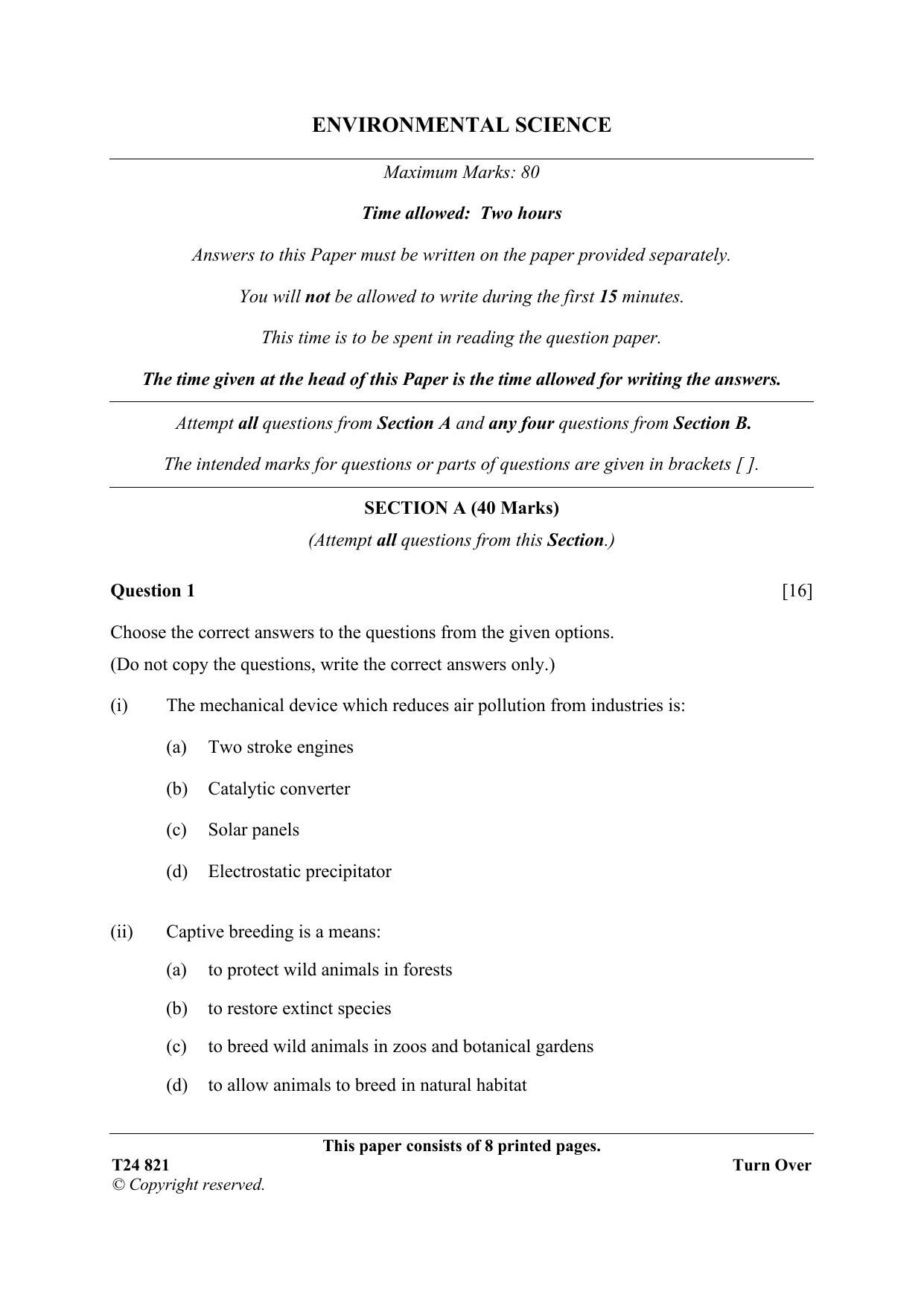 ICSE Class 10 Environmental Science 2024 Question Paper - Page 1