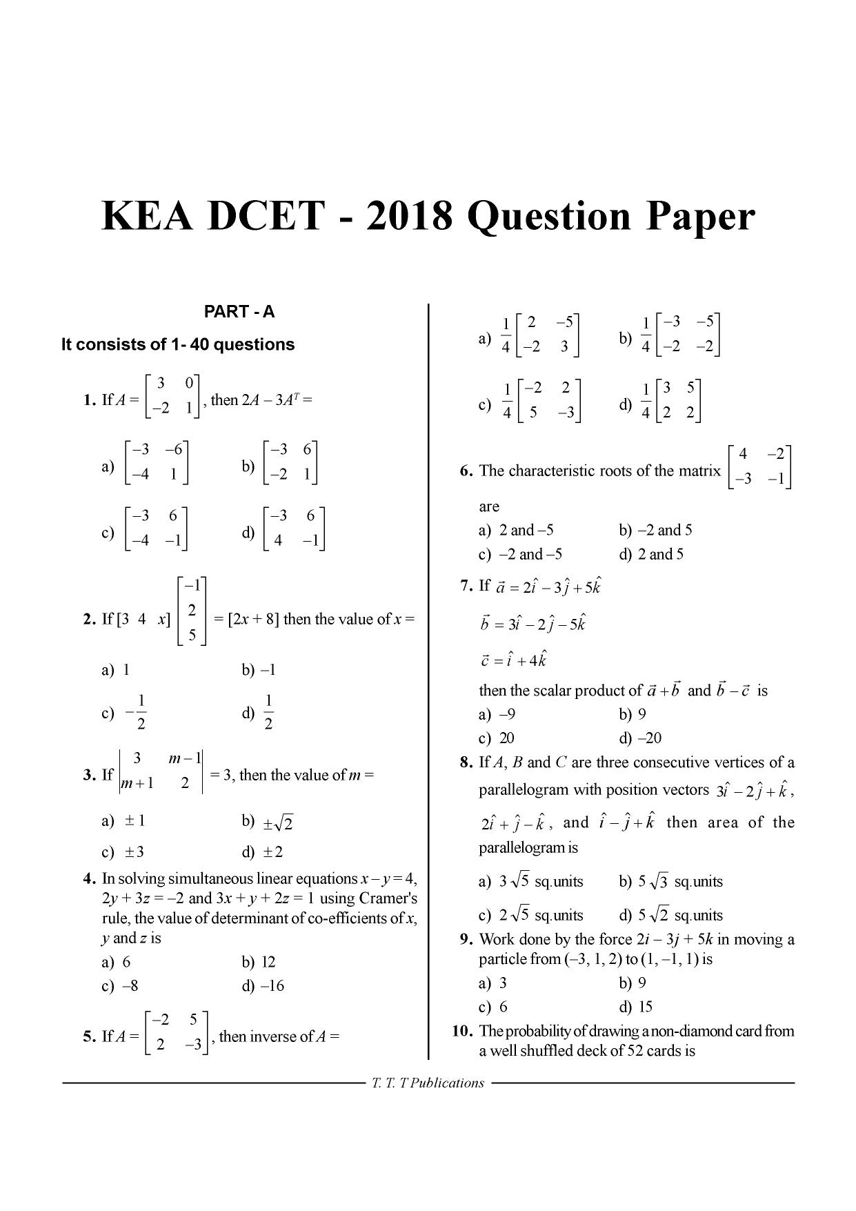 Karnataka DCET 2018 Question Paper - Page 1