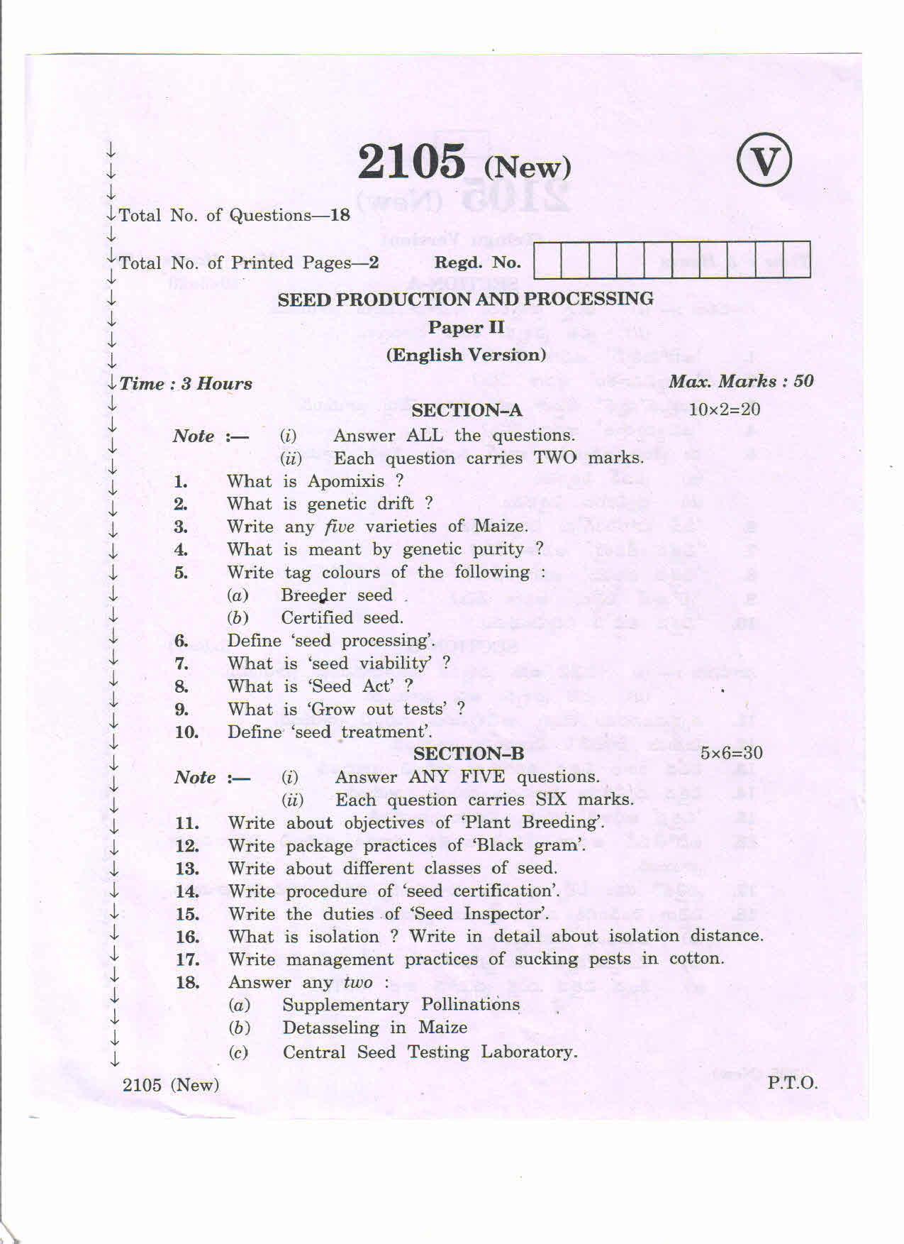 AP Inter 2nd Year Vocational Question Paper March - 2020 - Seed Production and Processing-II (new) - Page 1