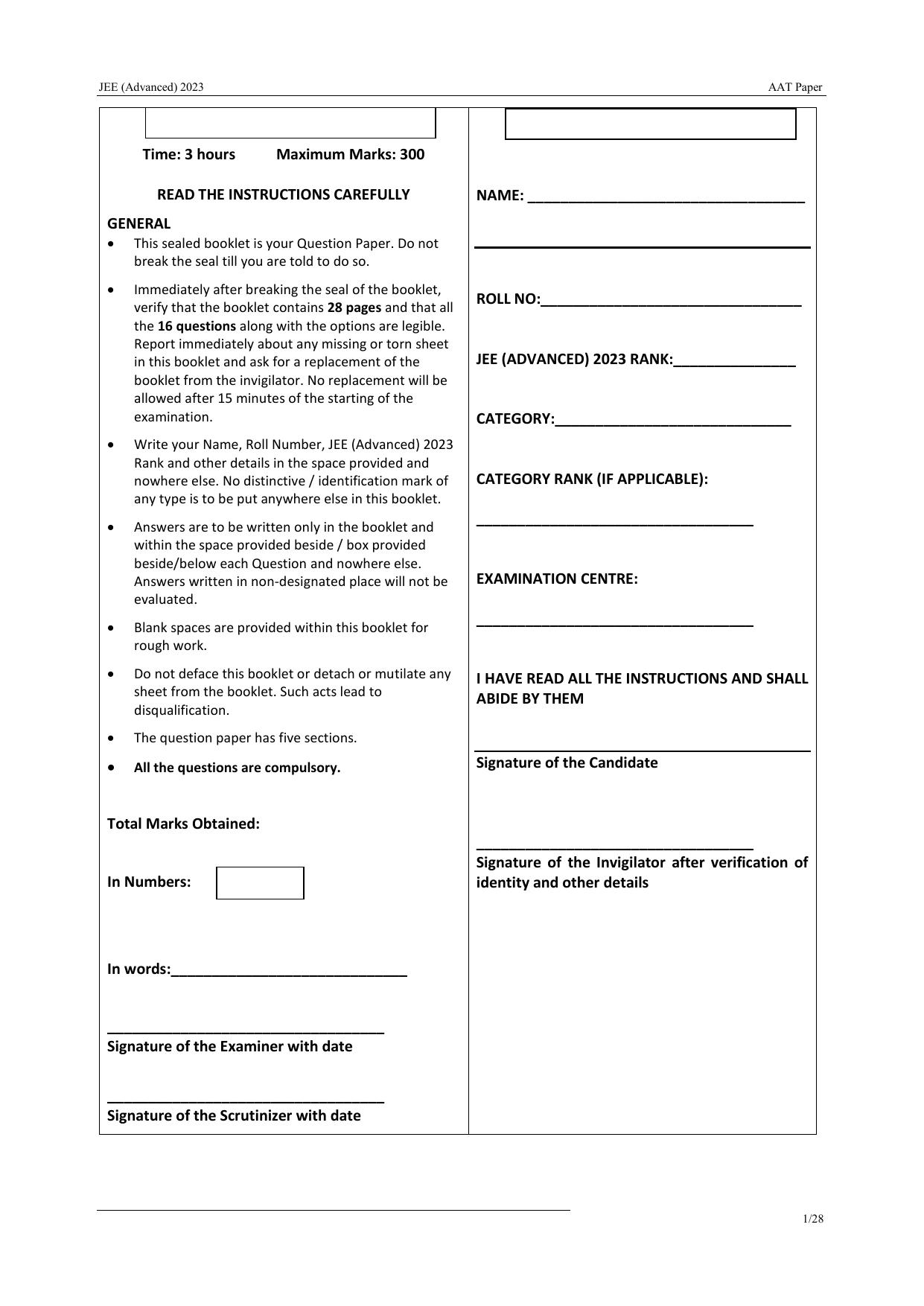 JEE Advanced AAT 2023 Question Paper - Page 1