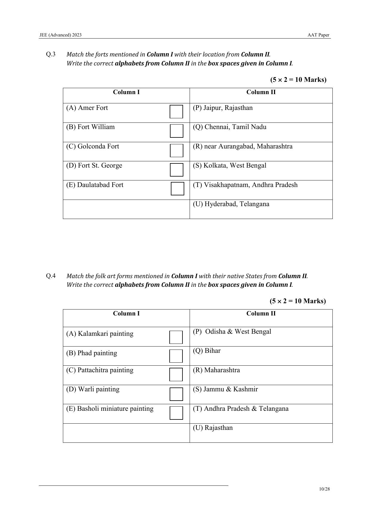 JEE Advanced AAT 2023 Question Paper - Page 10