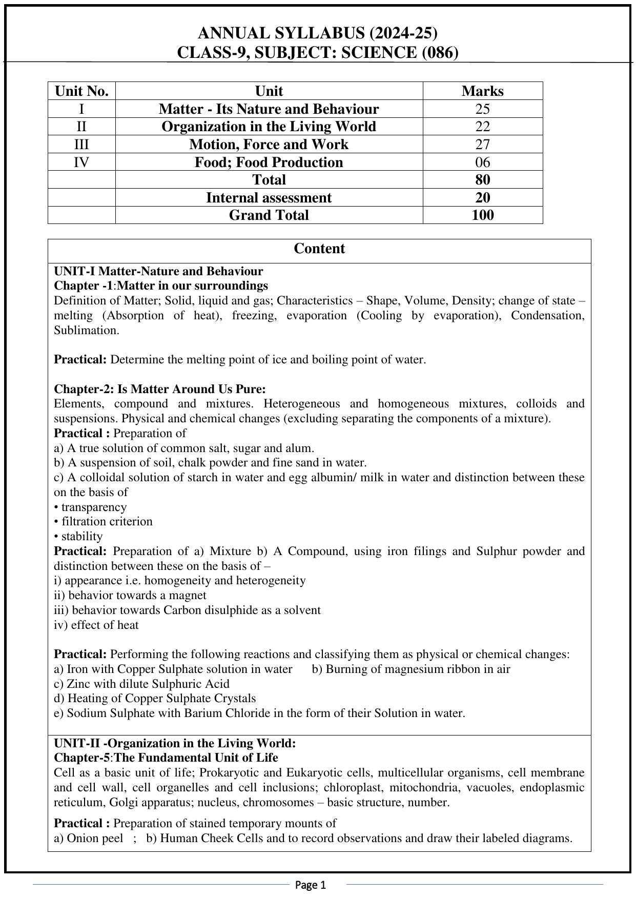 Edudel Class 9 Science (English Medium) Syllabus 2025 - Page 1