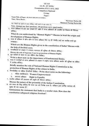 Bilaspur University Question Paper July 2022: LL.M. (IV Sem.) Human Rights In India Paper 1
