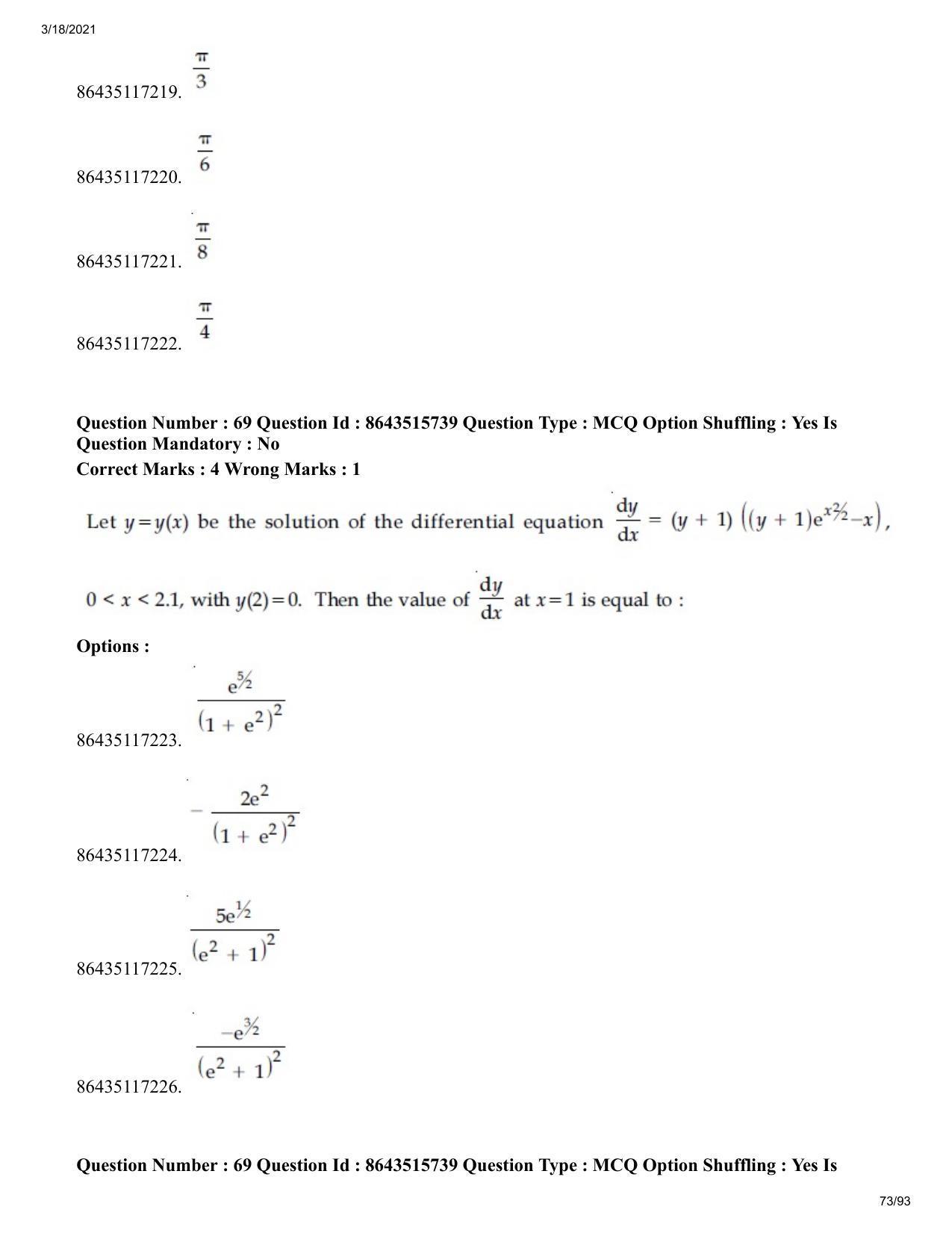 JEE Mains 2021: BTech H (Shift 2) 18-03-2021 Question Paper - Page 73
