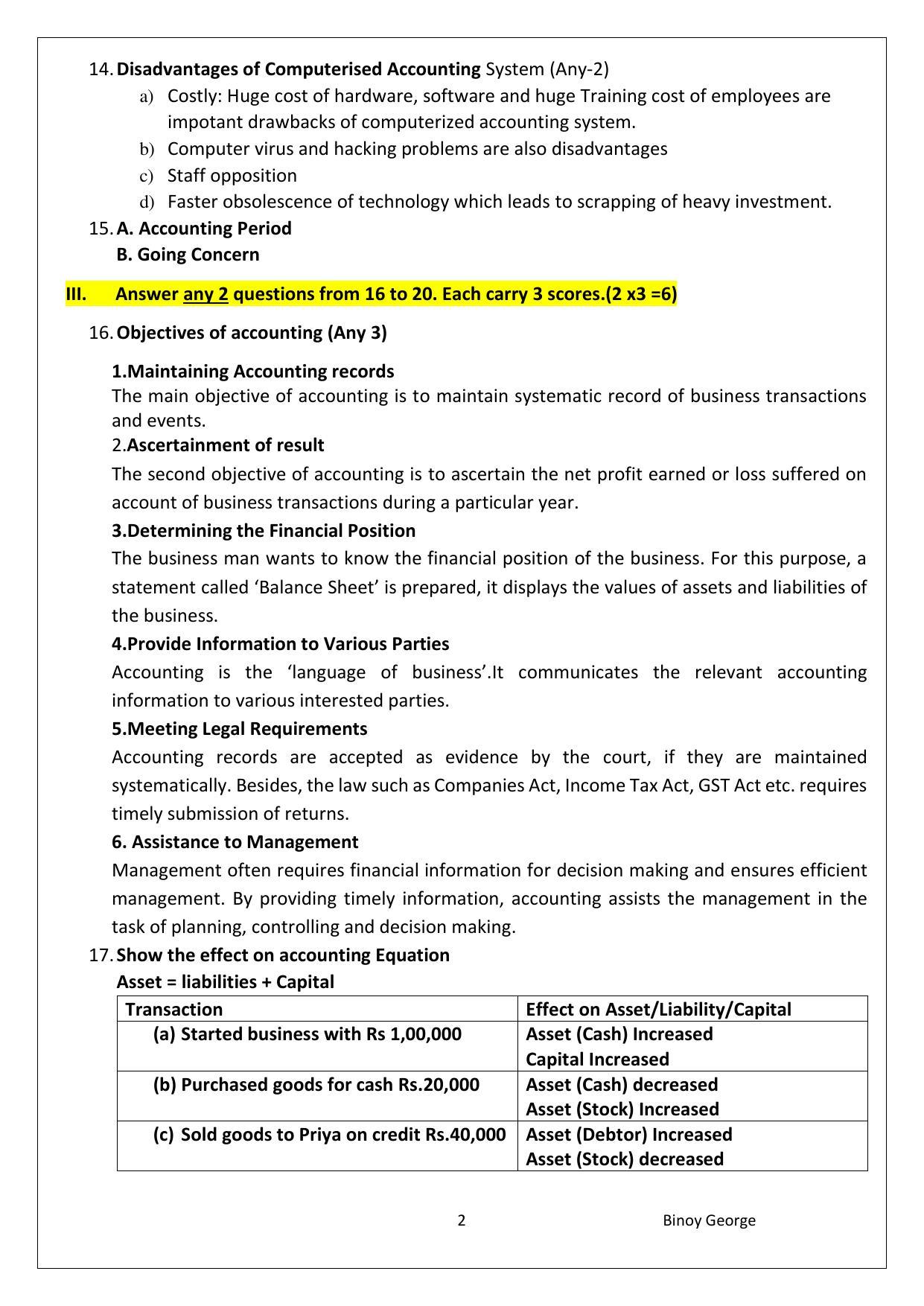 Kerala Plus One 2021 Accountancy with CA Answer Key (Model) - Page 2