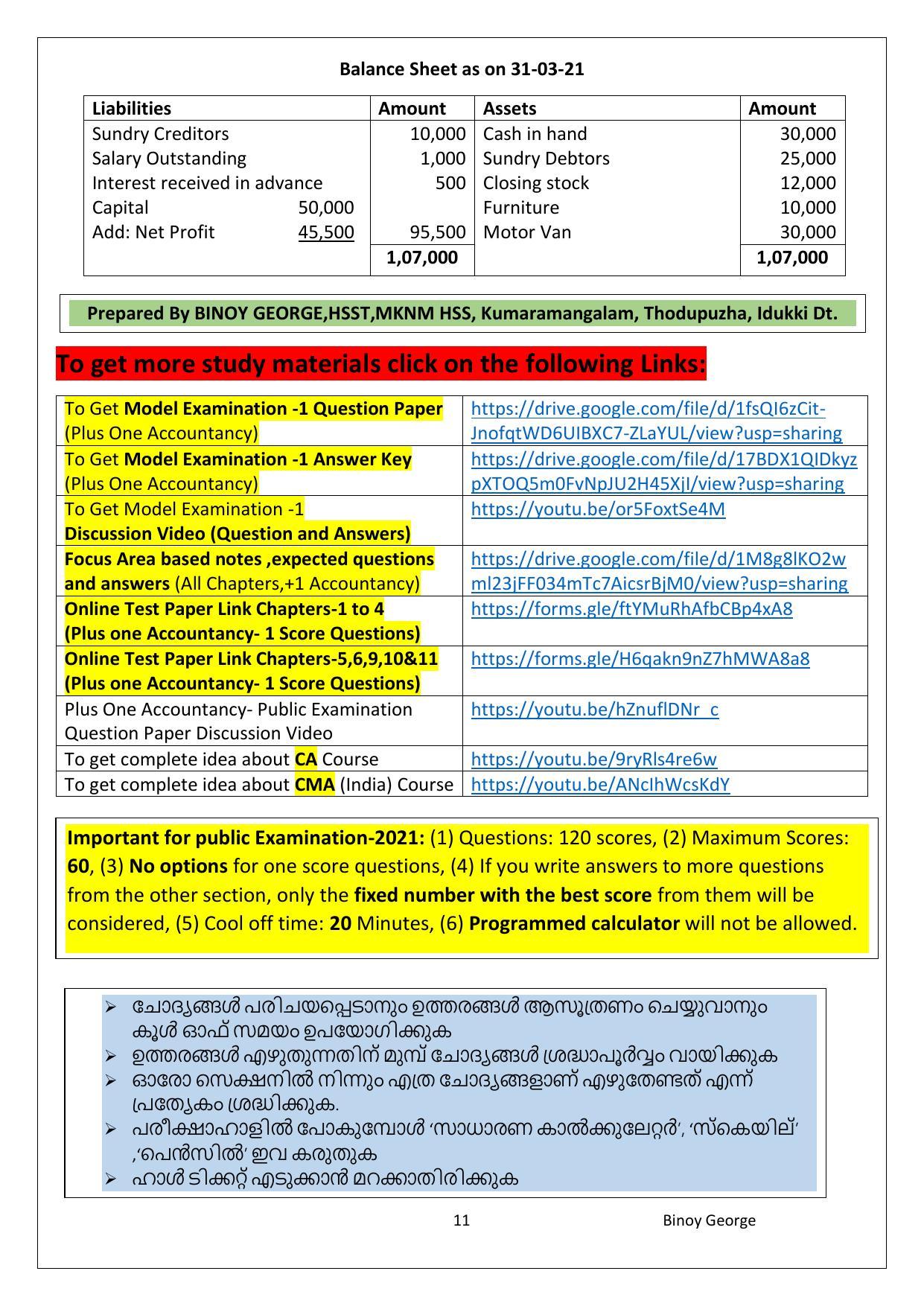 Kerala Plus One 2021 Accountancy with CA Answer Key (Model) - Page 11