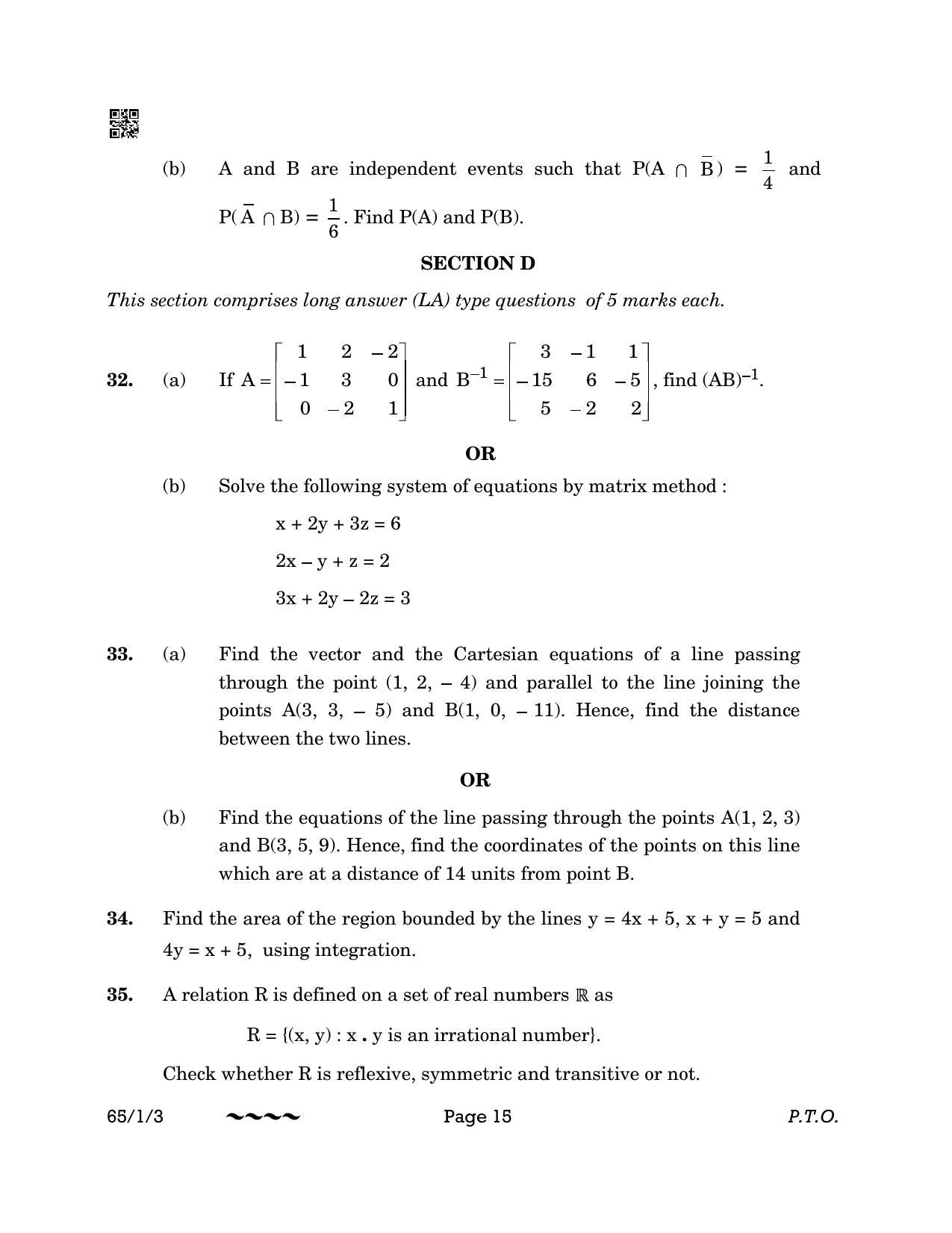 CBSE Class 12 65-1-3 MATHEMATICS 2023 Question Paper - Page 15