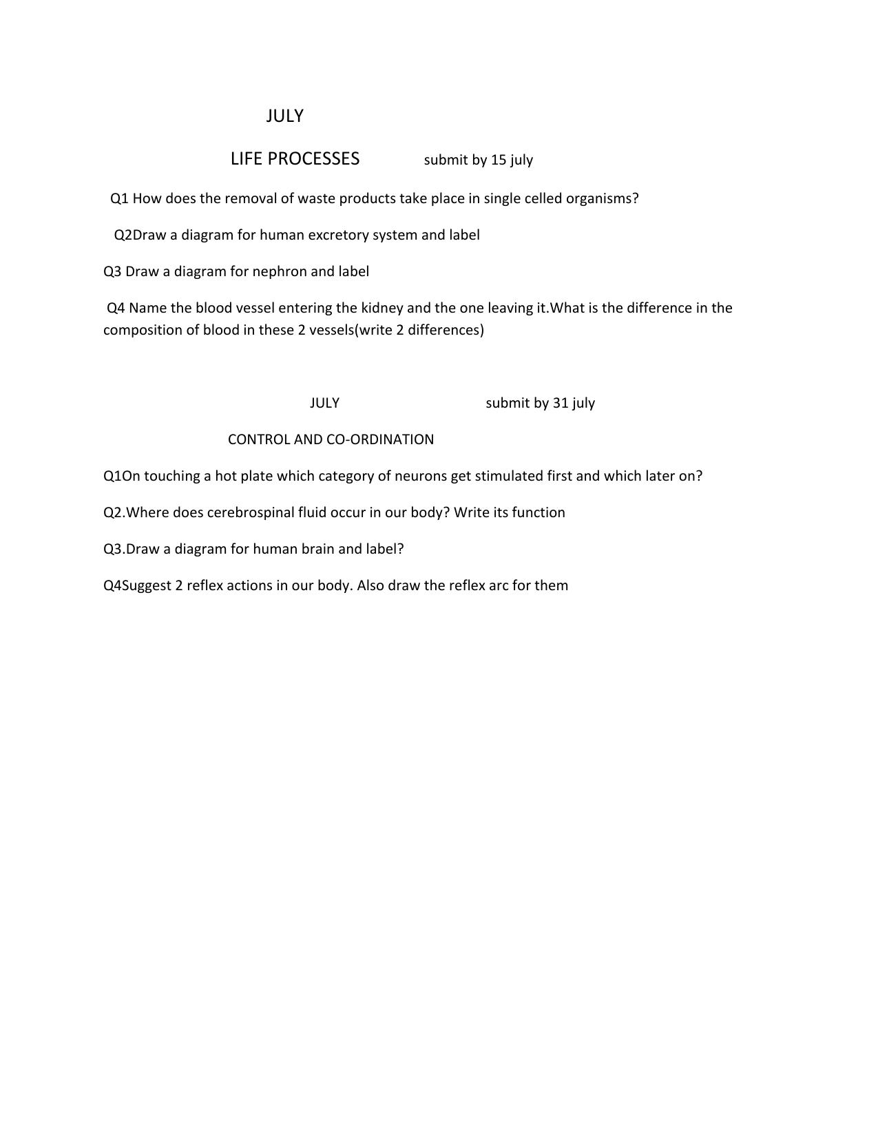 CBSE Worksheets for Class 10 Biology Control And Co-Ordination Assignment 3 - Page 1