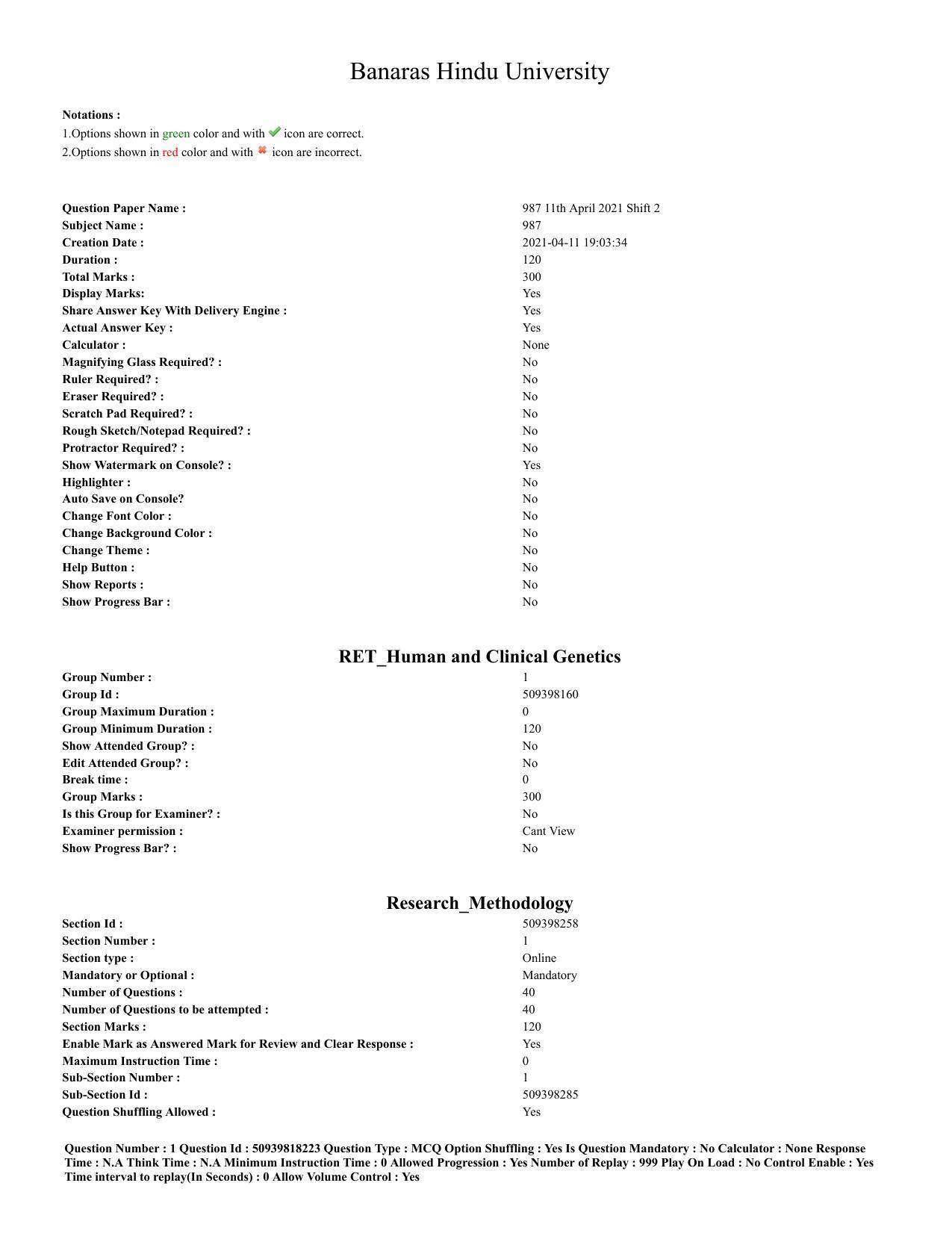 BHU RET Human and Clinical, Genetics (at Centre for Genetic 2020 Question Paper - Page 1