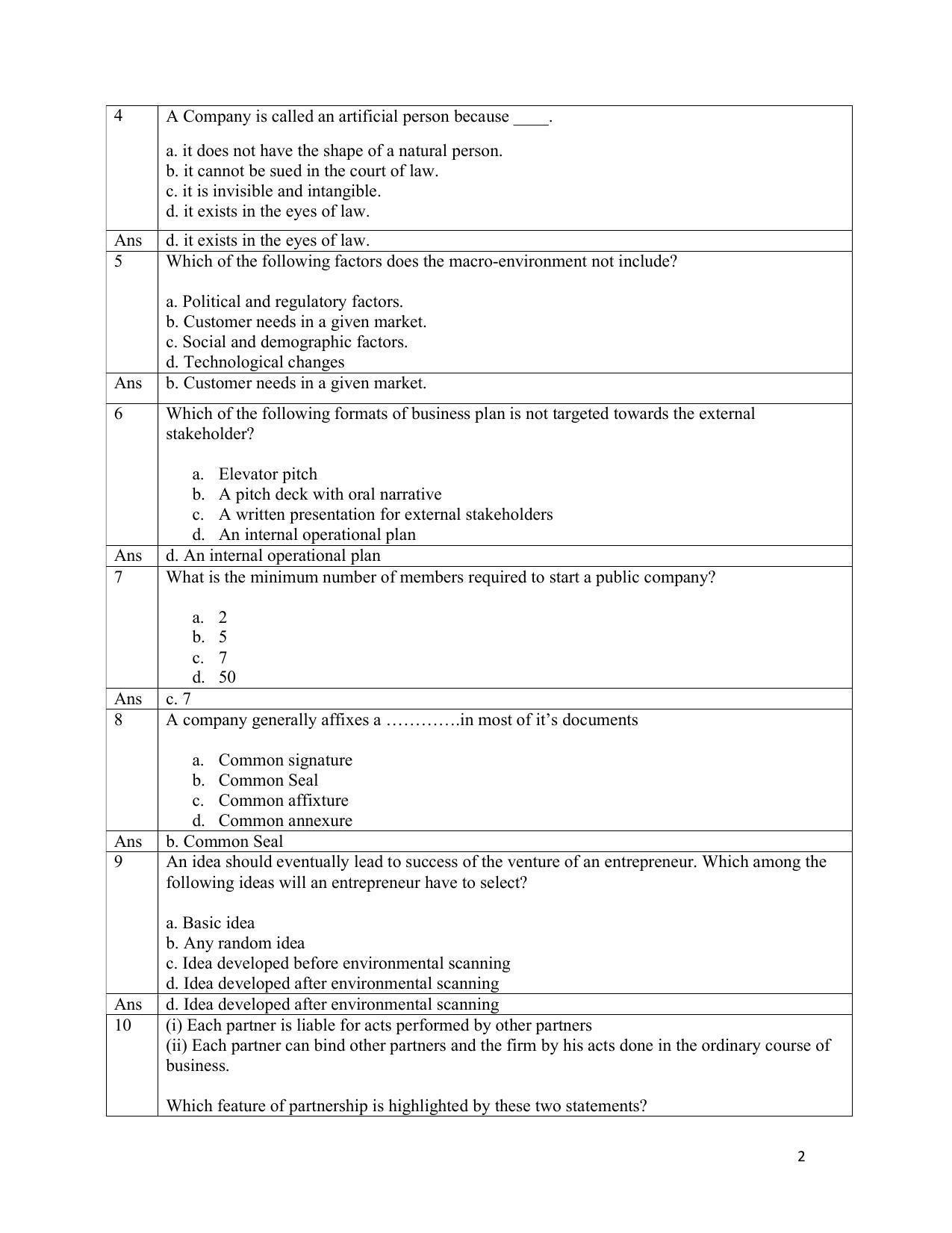 CBSE Class 12th Entrepreneurship Sample Question Paper Answer Key 2021-22 - Page 2