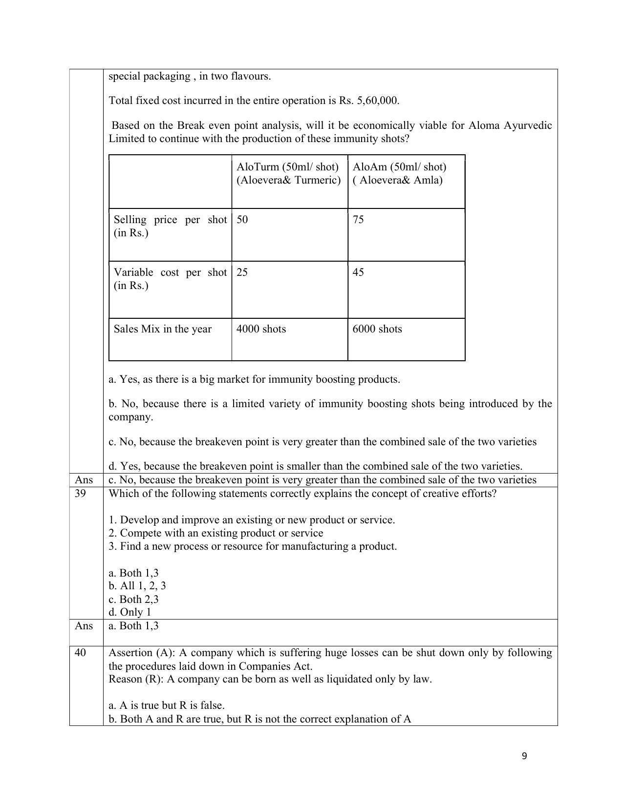 CBSE Class 12th Entrepreneurship Sample Question Paper Answer Key 2021-22 - Page 9