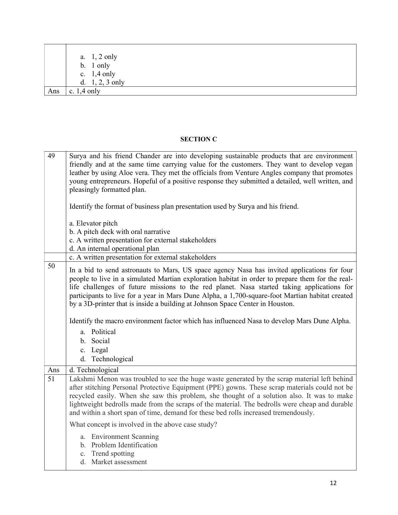CBSE Class 12th Entrepreneurship Sample Question Paper Answer Key 2021-22 - Page 12