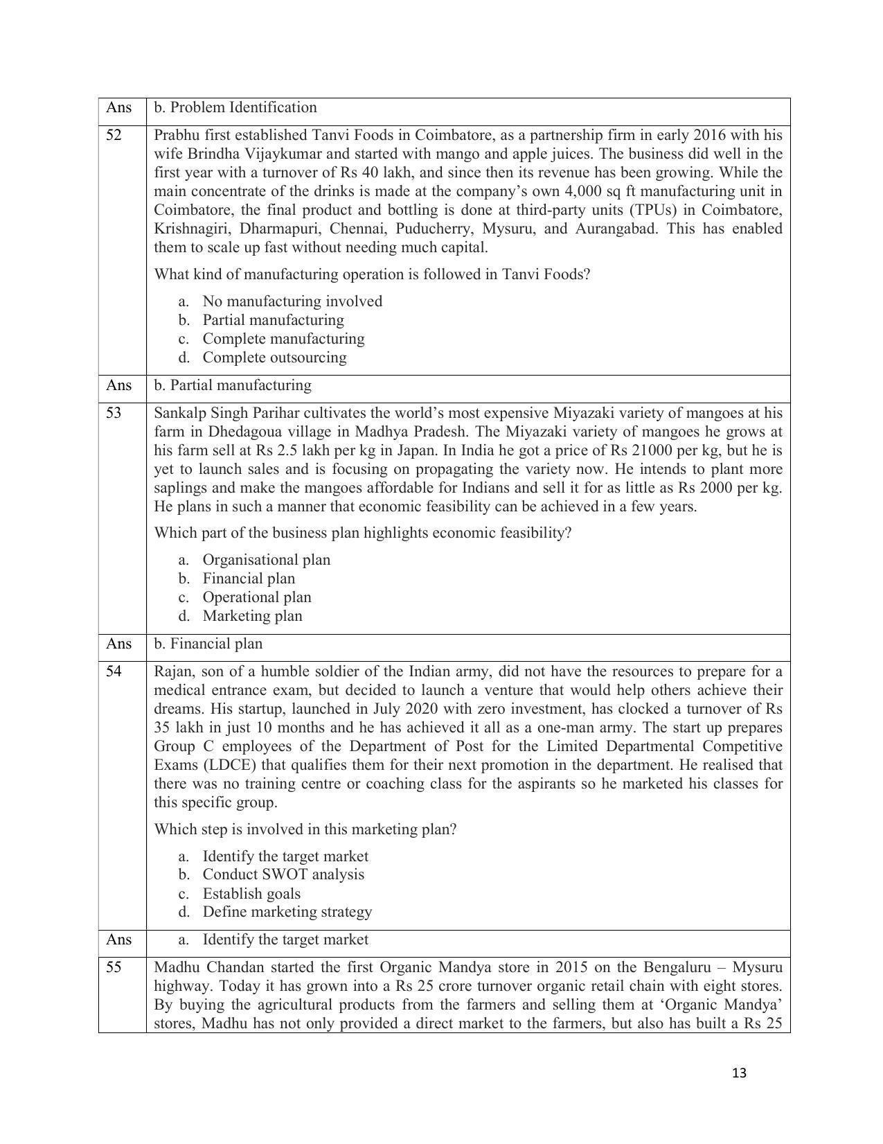 CBSE Class 12th Entrepreneurship Sample Question Paper Answer Key 2021-22 - Page 13