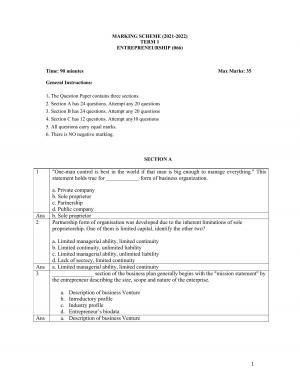 CBSE Class 12th Entrepreneurship Sample Question Paper Answer Key 2021-22