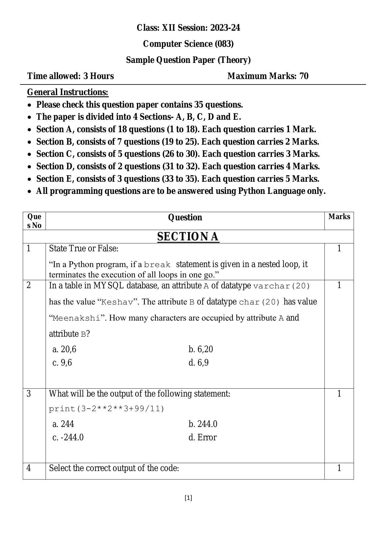 CBSE Class 12 Computer Science Sample Paper 2024 - Page 1