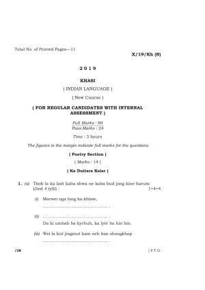 Meghalaya Board (MBOSE) Class 10 KHASI ( INDIAN LANGUAGE ) ( New Course ) 2019 Question Paper