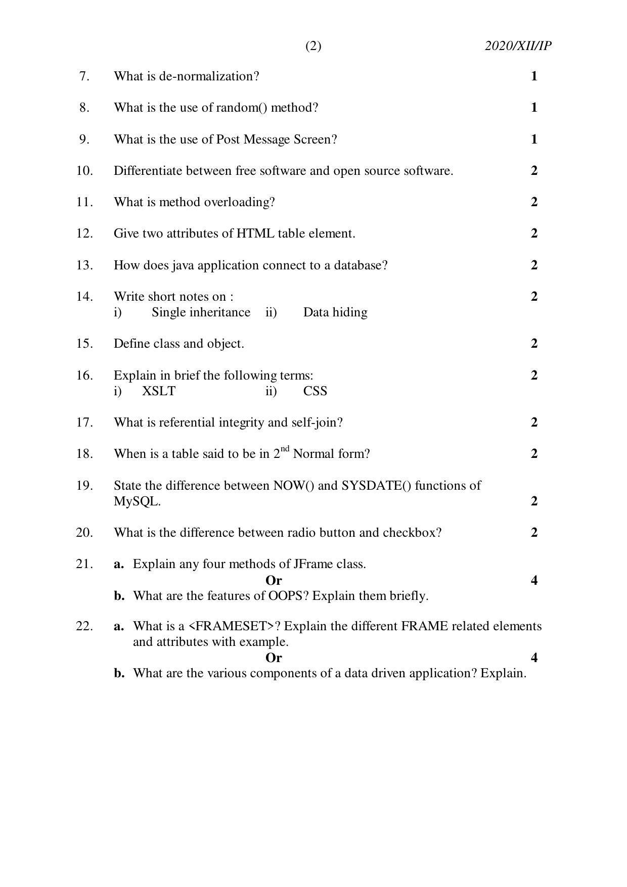Nagaland Board Class 12 INFORMATICS PRACTICES 2020 Question Papers - Page 2