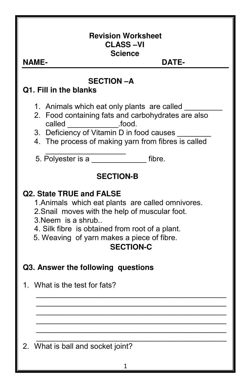 CBSE Worksheets for Class 6 Science Assignment 69 - Page 1