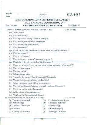 SSUS Entrance Exam M.A. ENGLISH LANGUAGE & LITERATURE 2015 Question Paper