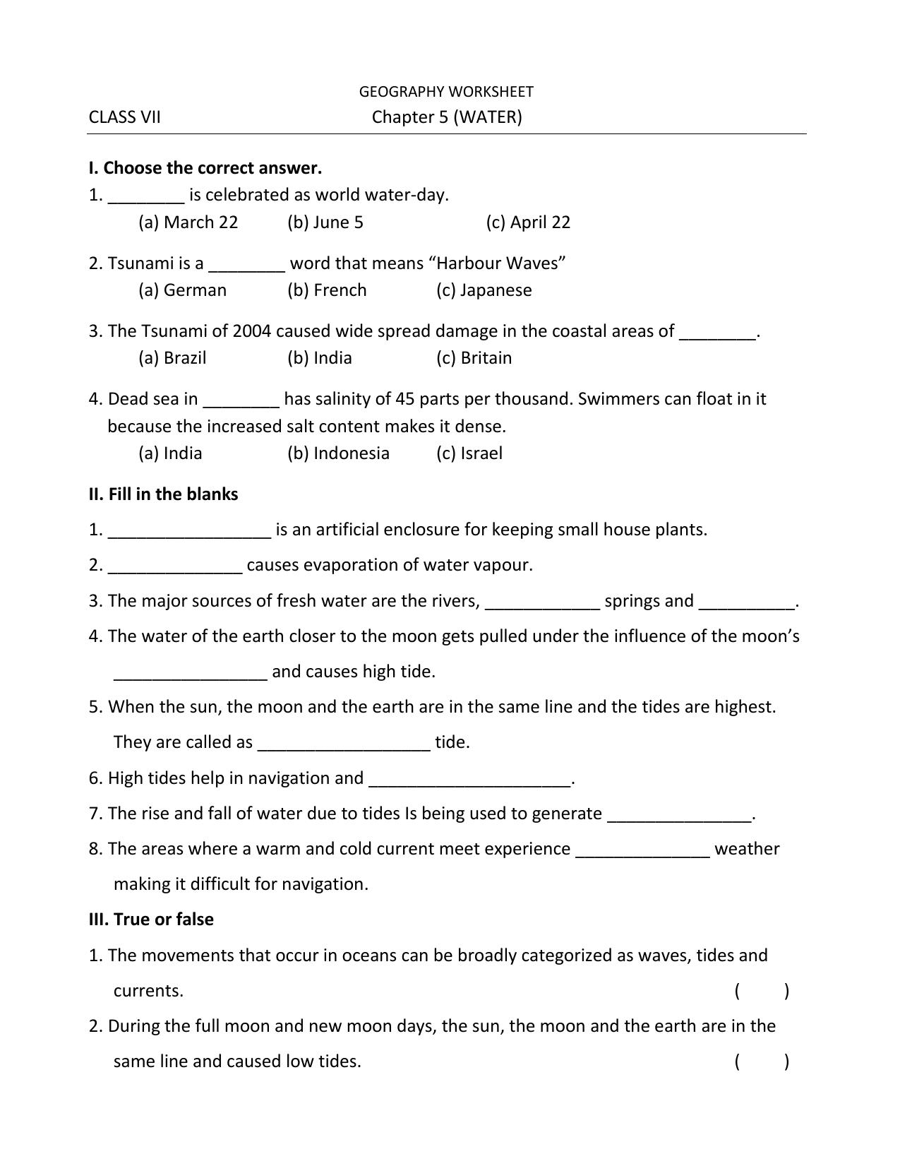 CBSE Worksheets for Class 7 Geography Water Assignment 2 - Page 1