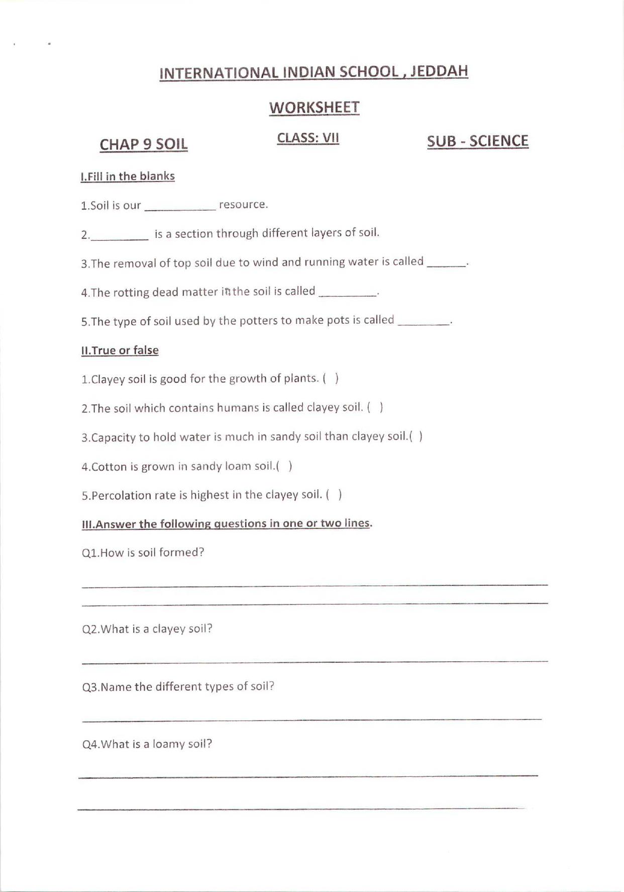 CBSE Worksheets for Class 7 Science Soil Assignment 1 - Page 1