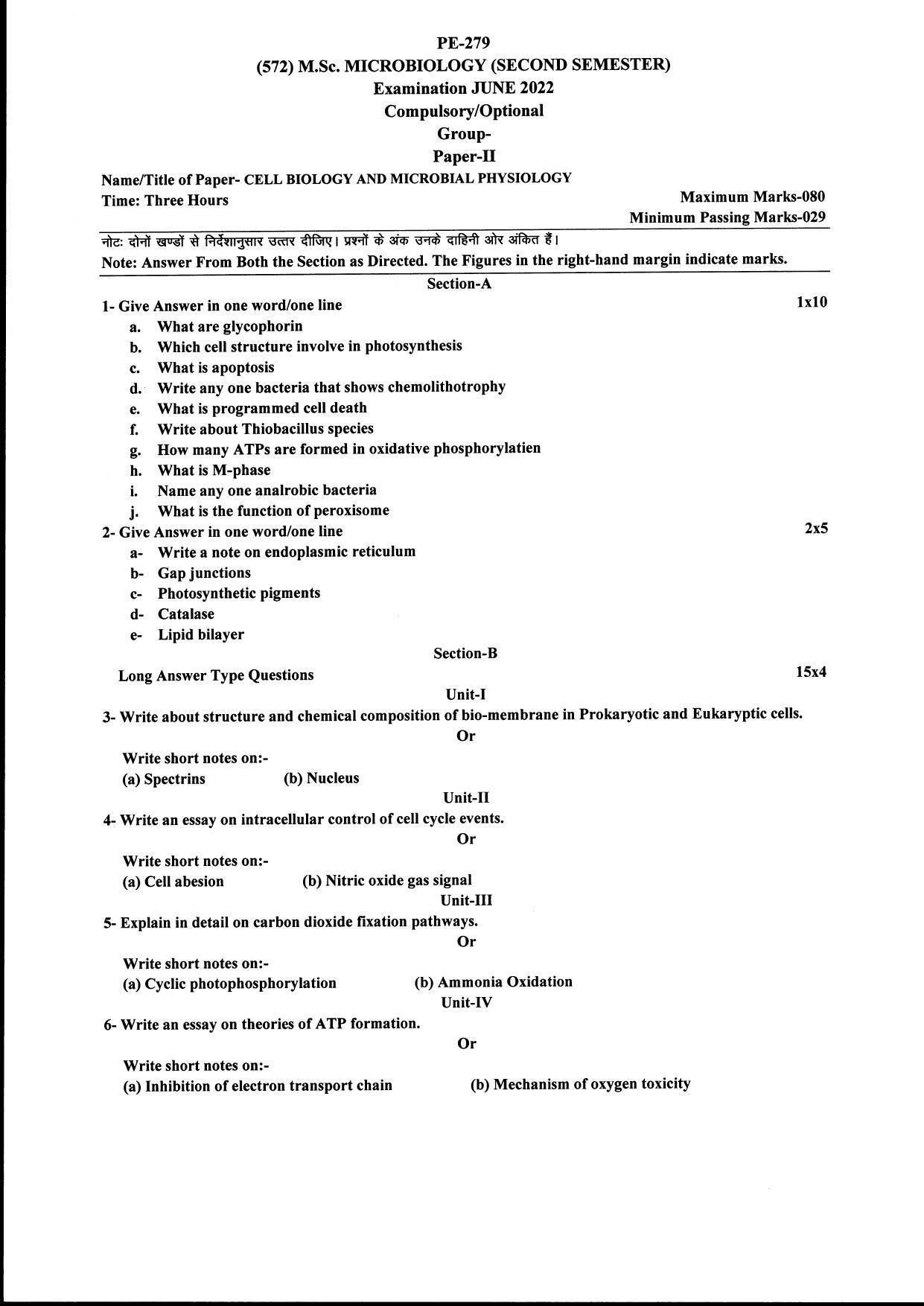 Bilaspur University Question Paper June 2022:M.Sc. Microbiology (Second Semester) Cell Biology And Microbial Physiology Paper 1 - Page 1