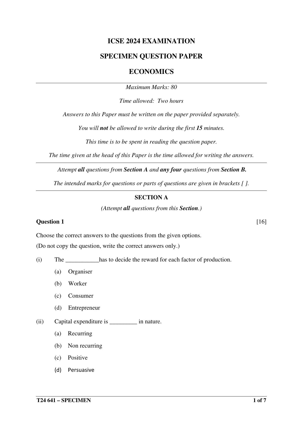 ICSE Class 10  2024 Economics Sample Paper - Page 1