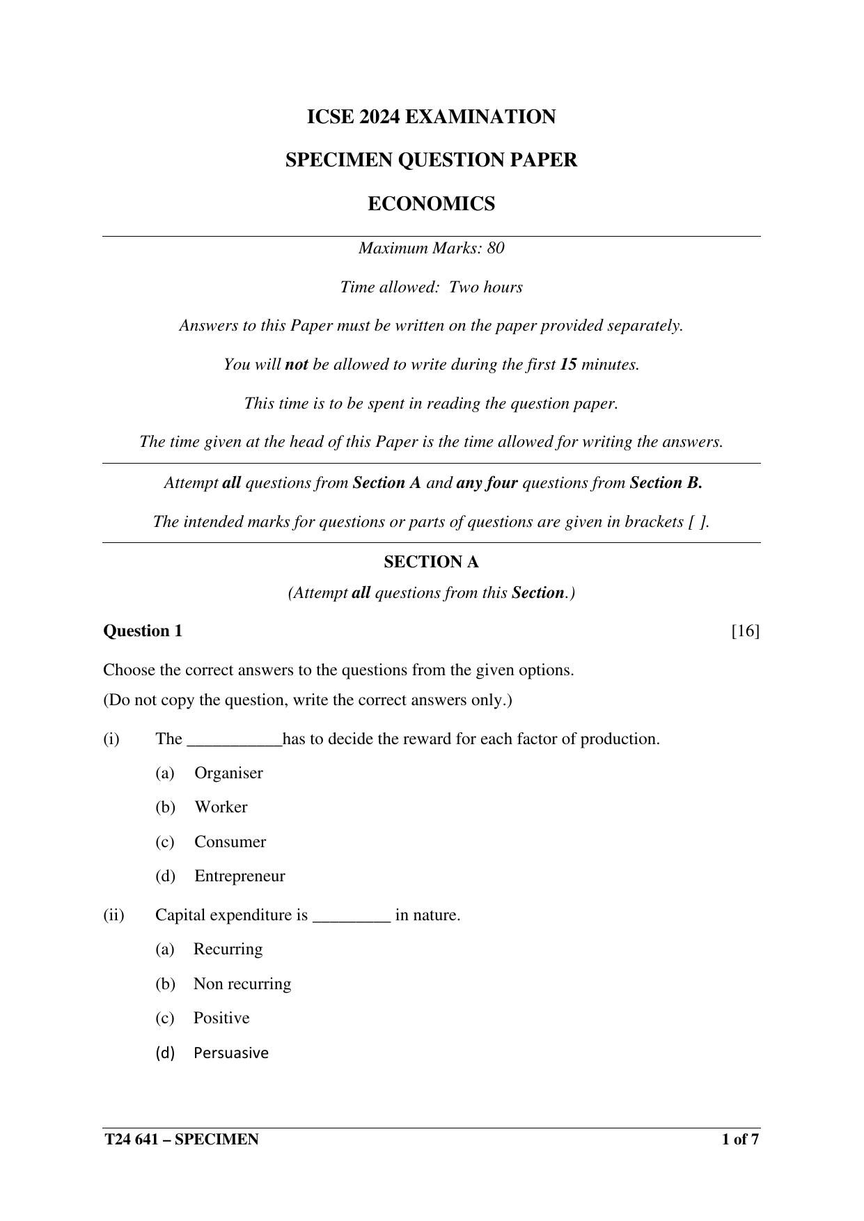 ICSE Class 10 2024 Economics Sample Paper - Page 1