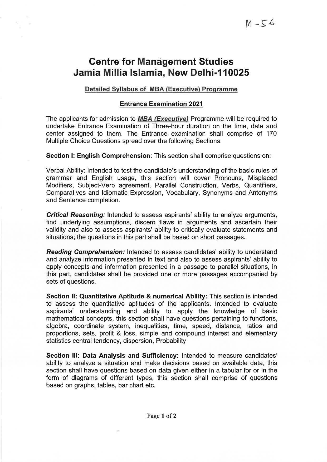 JMI Entrance Exam M56-M.B.A. (Executive) (Self-Financed) Syllabus - Page 1
