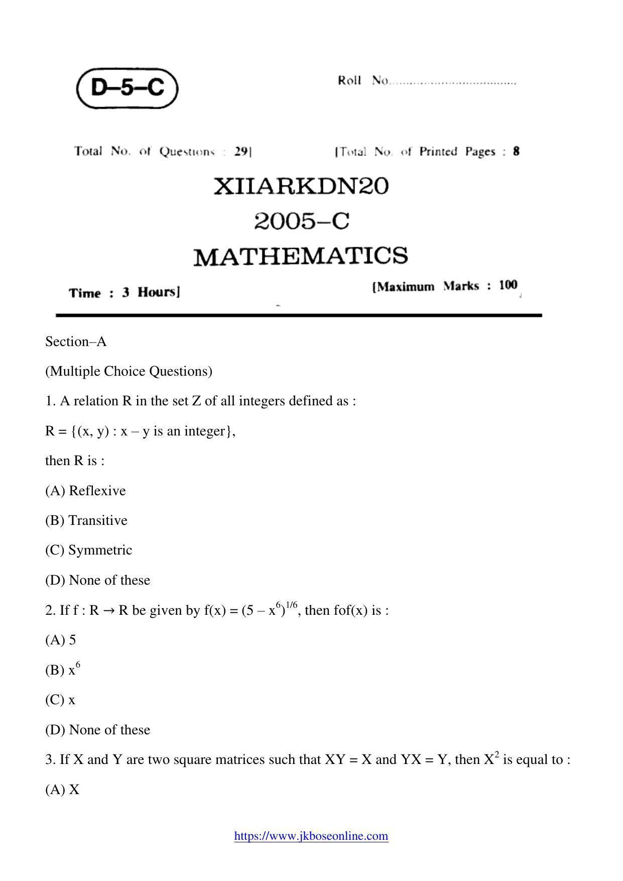 JKBOSE Class 12 Mathematics 2005-C Question Papers 2020 - Page 1