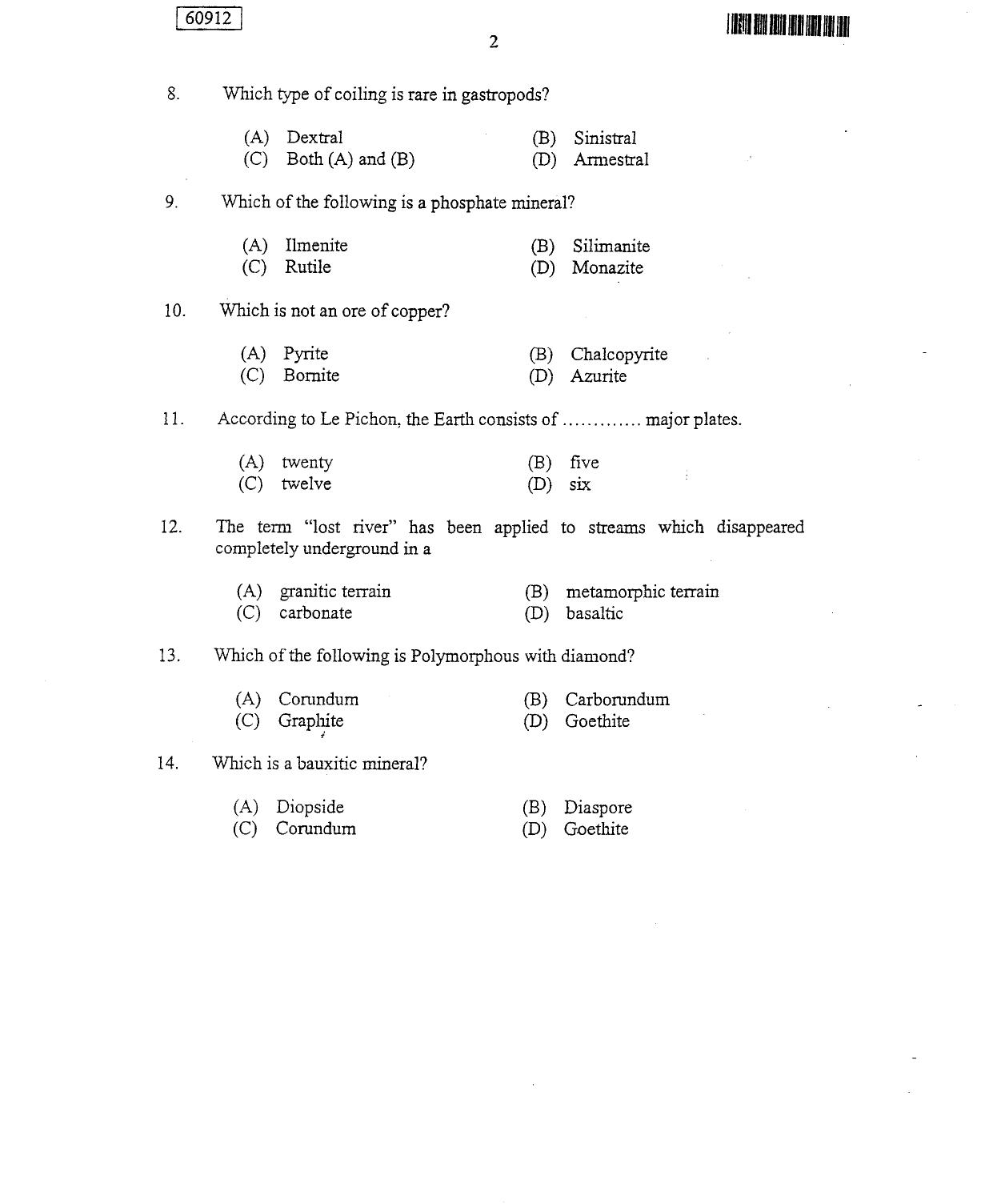 CUSAT CAT 2012 Geology Question Paper - Page 3