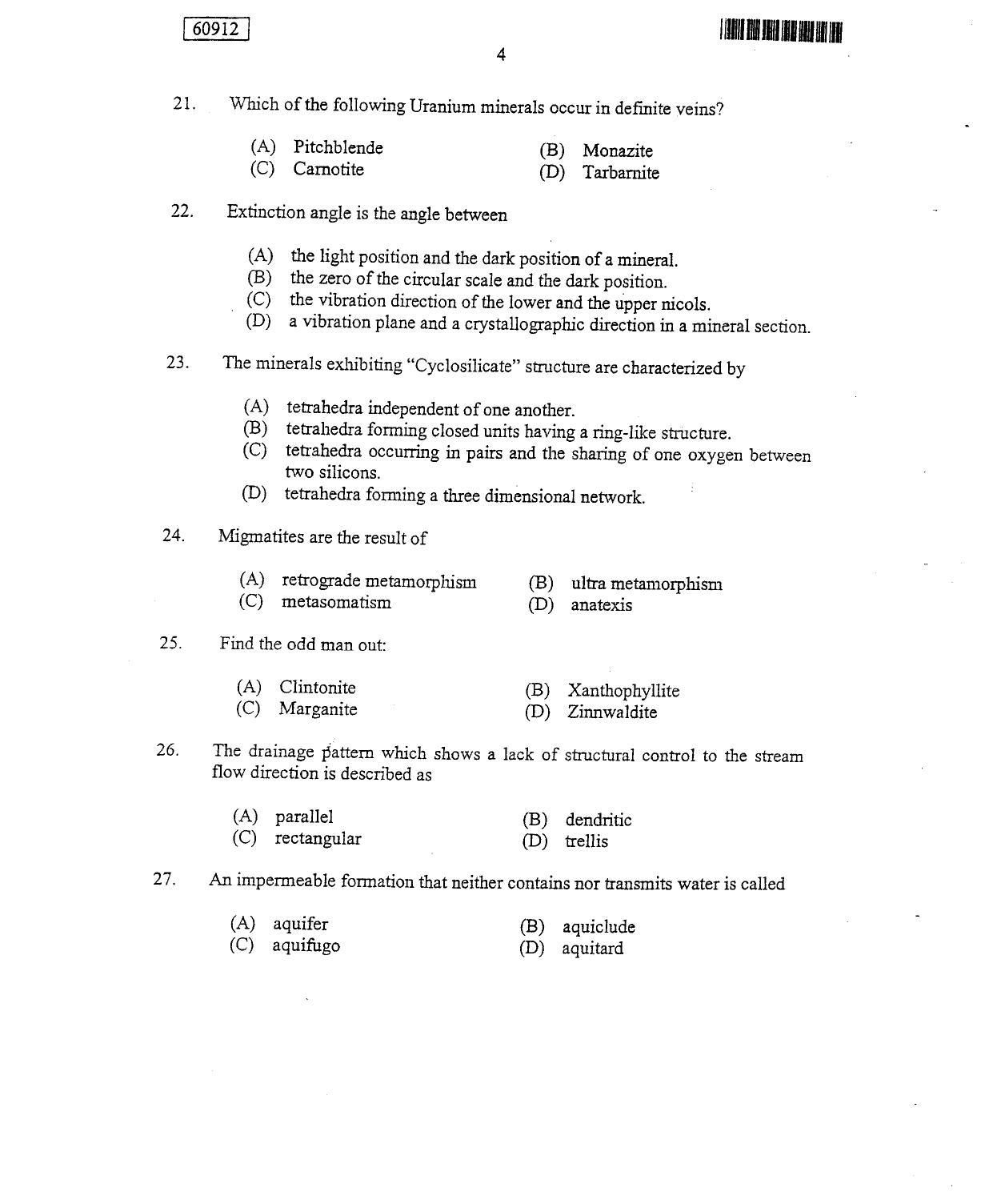 CUSAT CAT 2012 Geology Question Paper - Page 5