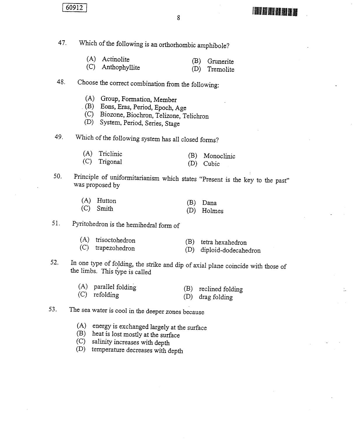 CUSAT CAT 2012 Geology Question Paper - Page 9