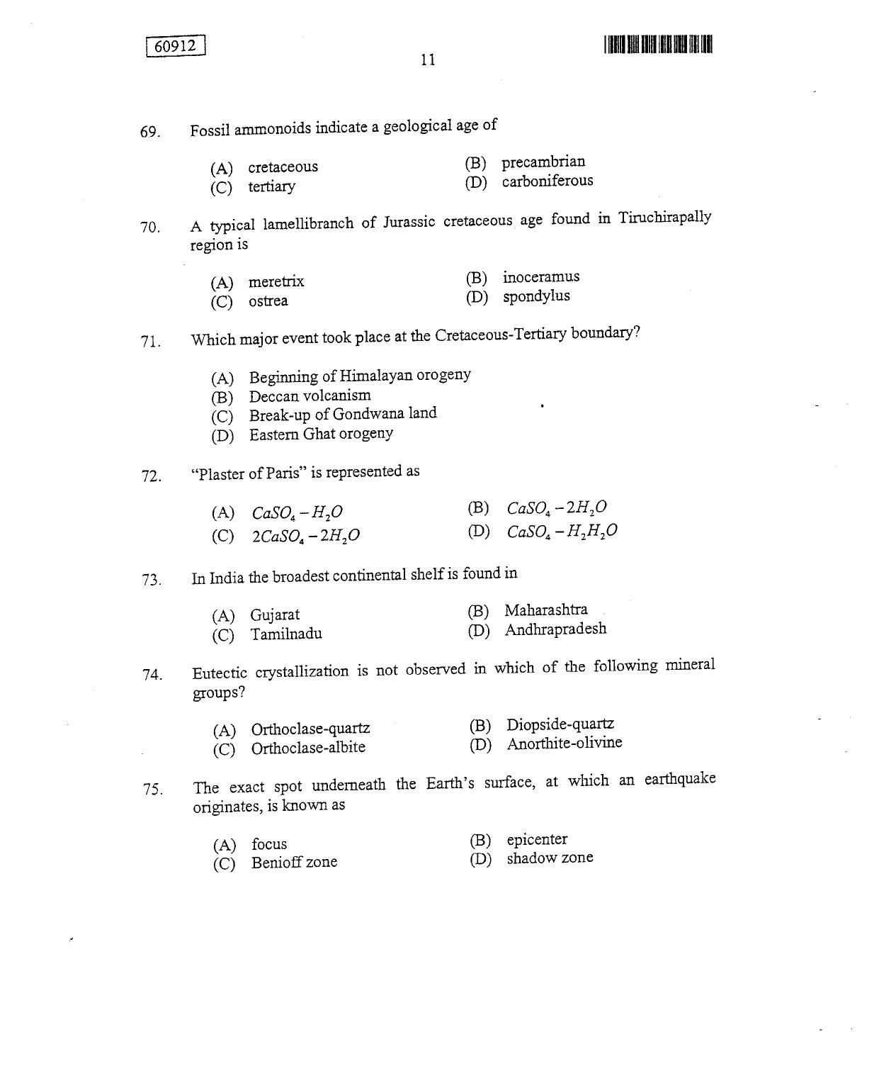 CUSAT CAT 2012 Geology Question Paper - Page 12