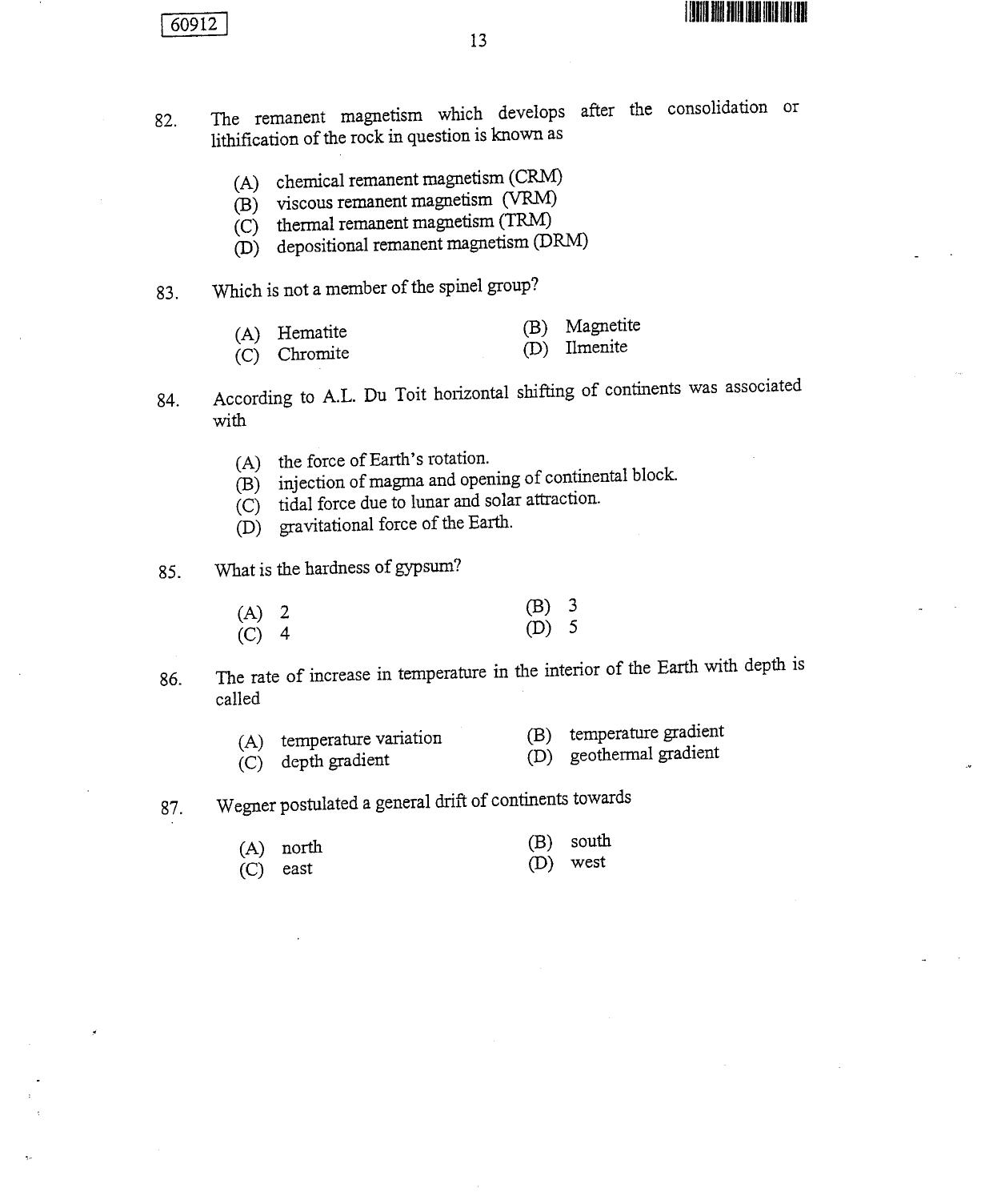 CUSAT CAT 2012 Geology Question Paper - Page 14
