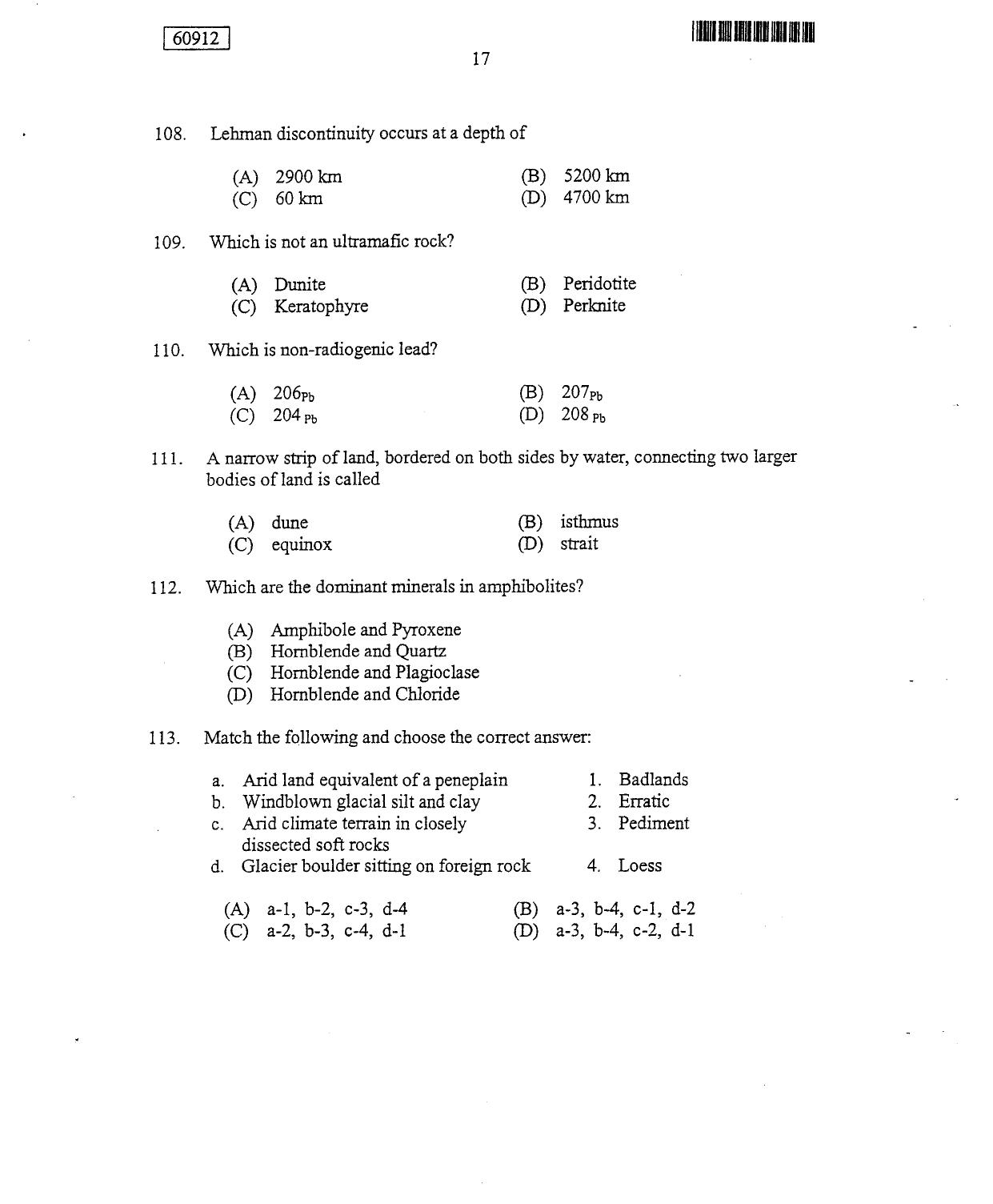 CUSAT CAT 2012 Geology Question Paper - Page 18