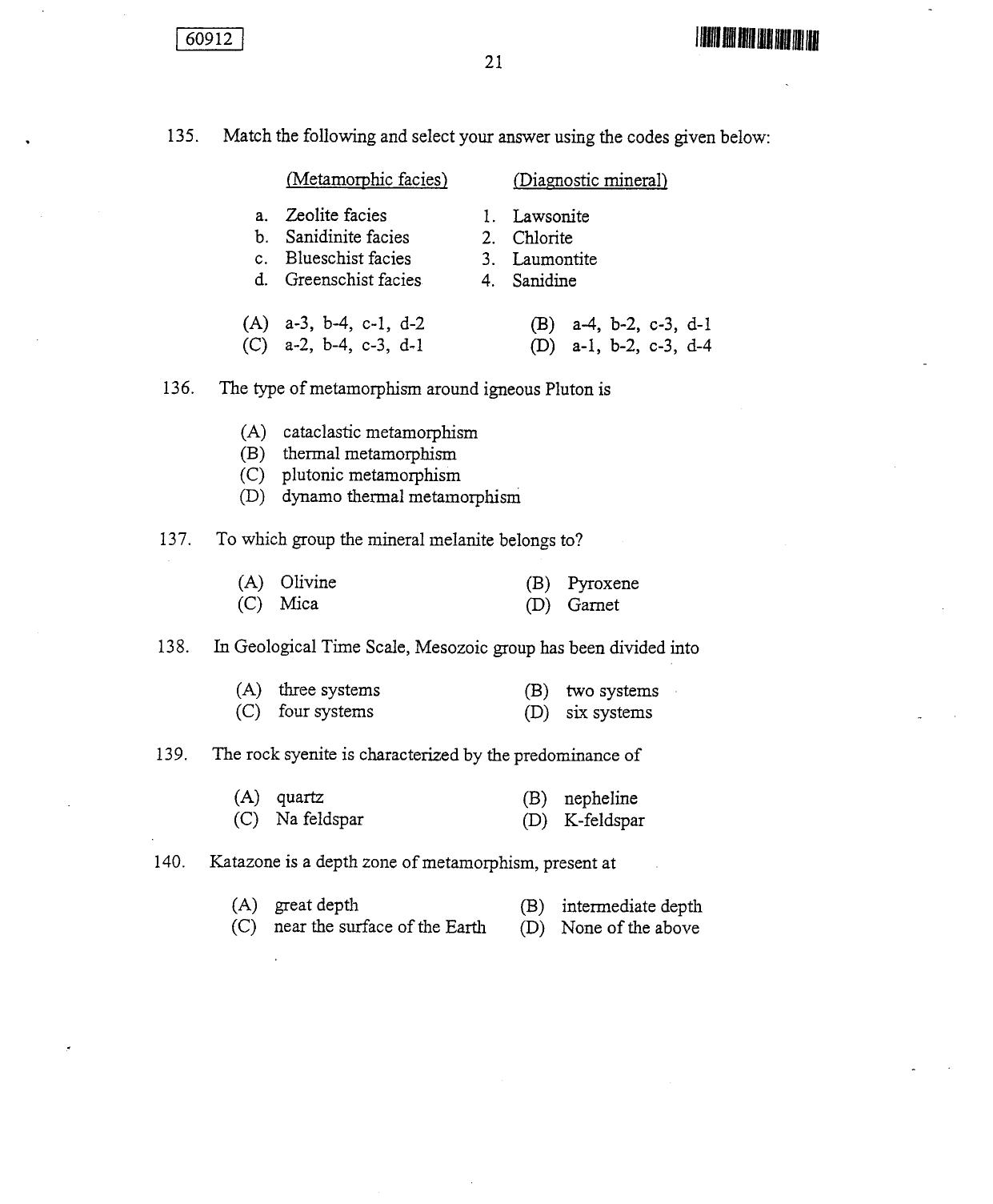 CUSAT CAT 2012 Geology Question Paper - Page 22