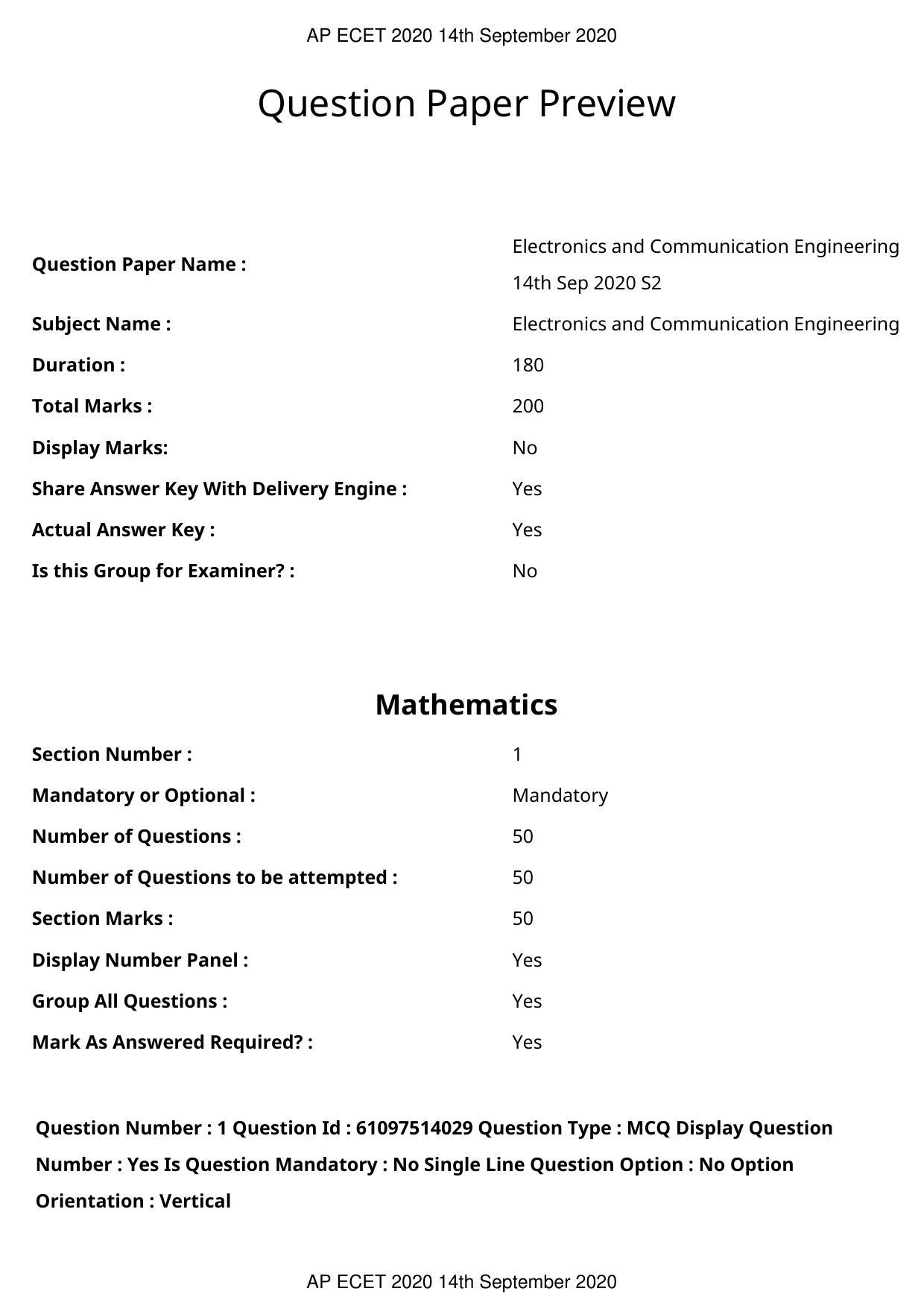 AP ECET 2020 - Electronics and Communication (Preview) Question Paper With Preliminary Keys - Page 1