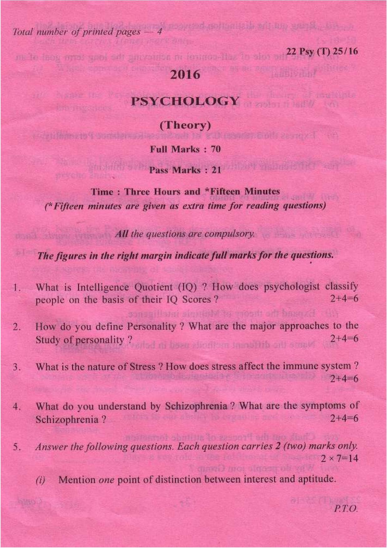 COHSEM Class 12 Psychology 2016 Question Papers - Page 1