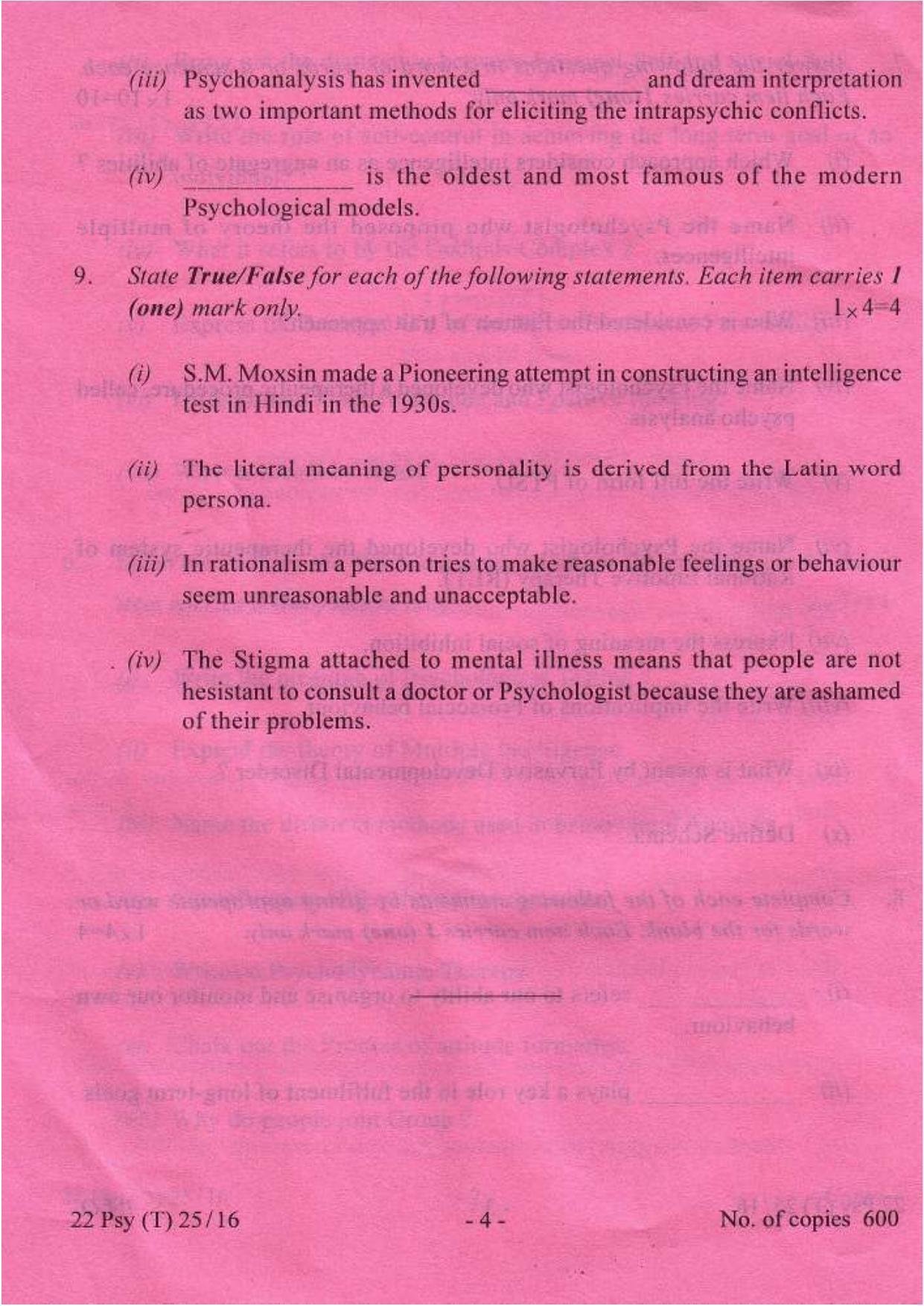 COHSEM Class 12 Psychology 2016 Question Papers - Page 4
