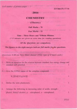COHSEM Class 12 Chemistry 2016 Question Papers