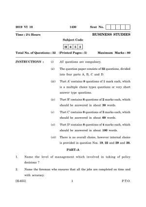 Goa Board Class 12 Business Studies   (June 2019) Question Paper