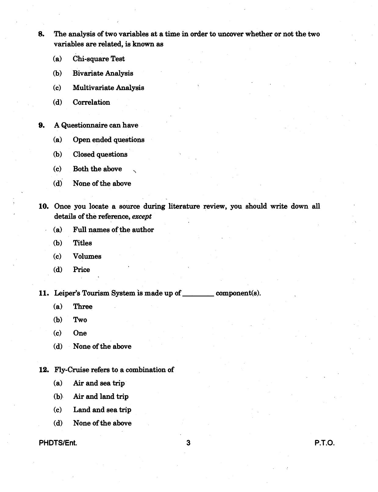 IGNOU PhD Entrance Test Ph.D Tourism And Hospitality Services Management 2016 Question Paper - Page 3