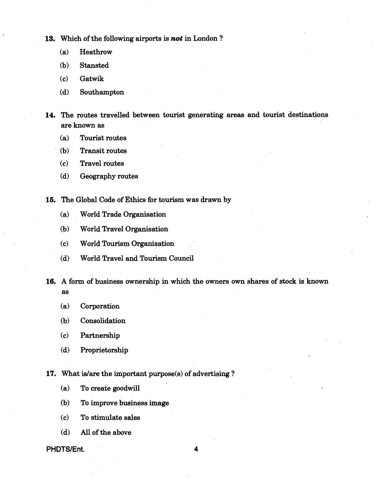 IGNOU PhD Entrance Test Ph.D Tourism And Hospitality Services Management 2016 Question Paper - Page 4