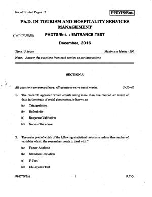 IGNOU PhD Entrance Test Ph.D Tourism And Hospitality Services Management 2016 Question Paper