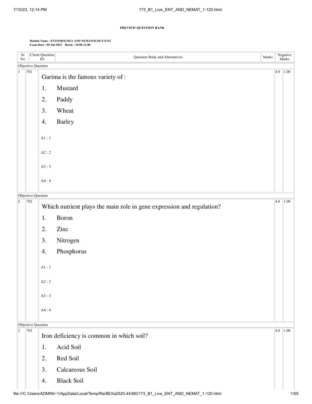 ICAR AIEEA PG 2023 ENTOMOLOGY AND NEMATOLOGY Question Paper - Page 1